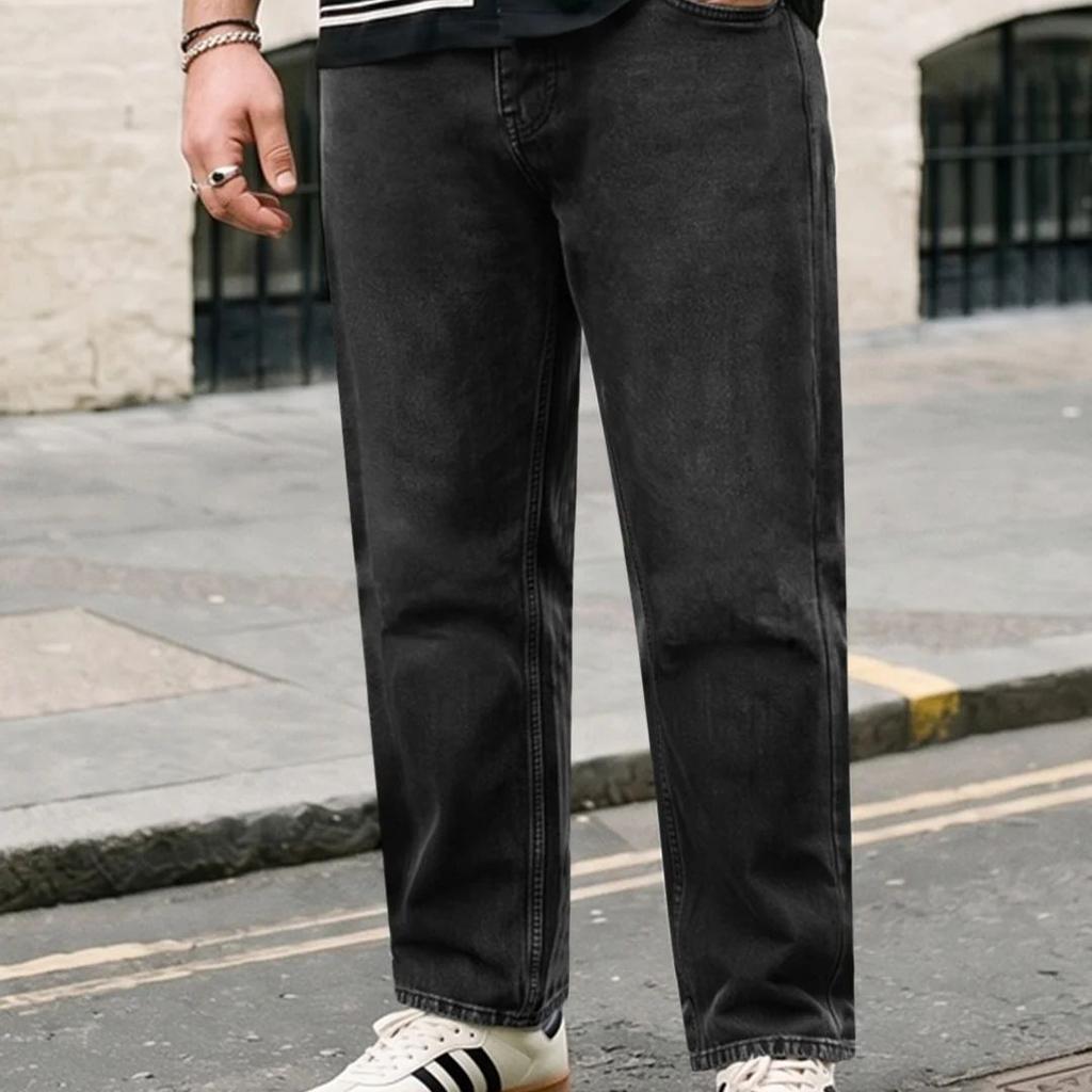 Plus Men's Black Relaxed Fit Washed Denim Jeans Non-Stretchable