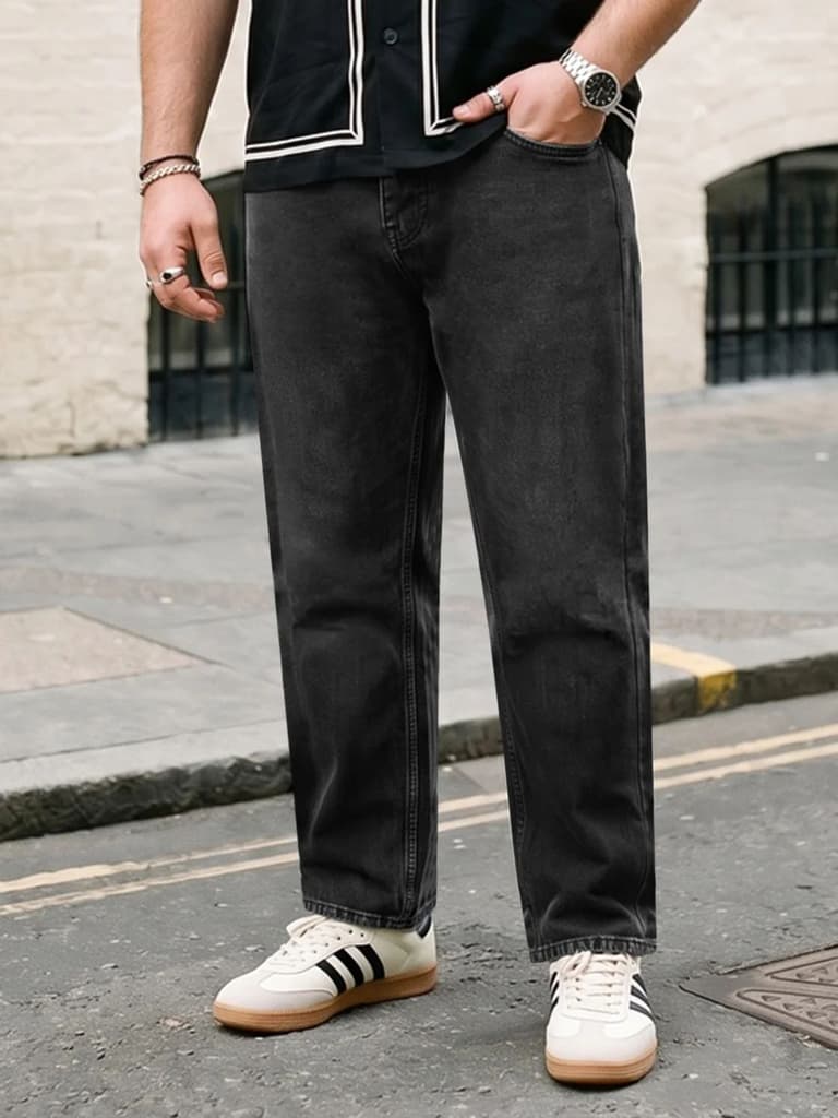 Plus Men's Black Relaxed Fit Washed Denim Jeans Non-Stretchable — 36 / Black