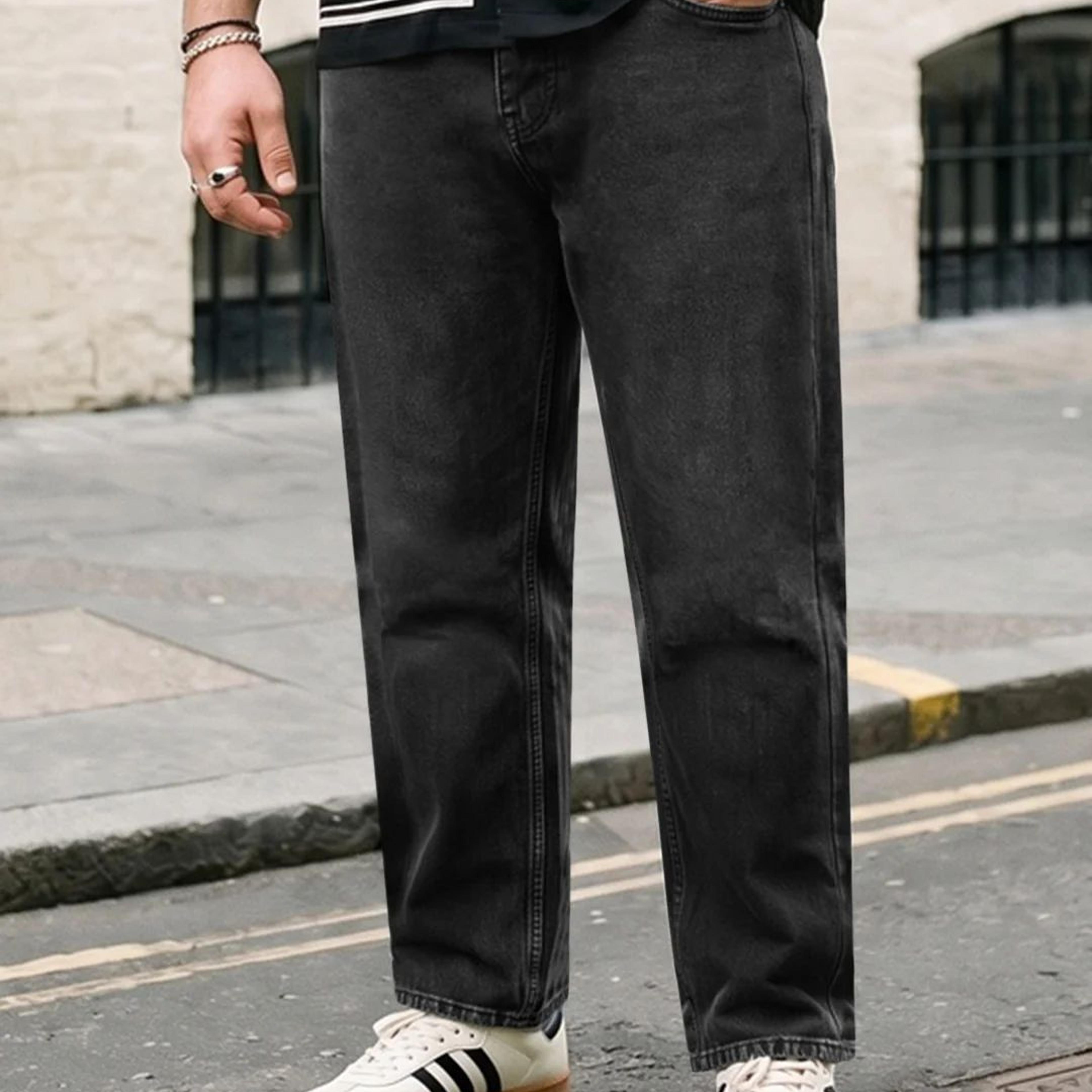 Plus Men's Black Relaxed Fit Washed Denim Jeans Non-Stretchable