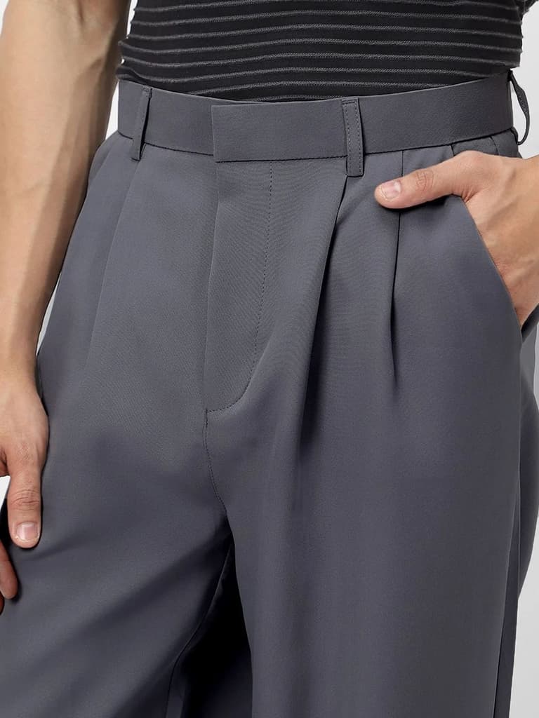 Men's Medium Grey Loose Baggy Fit Solid Korean Trousers Stretchable — photo 6