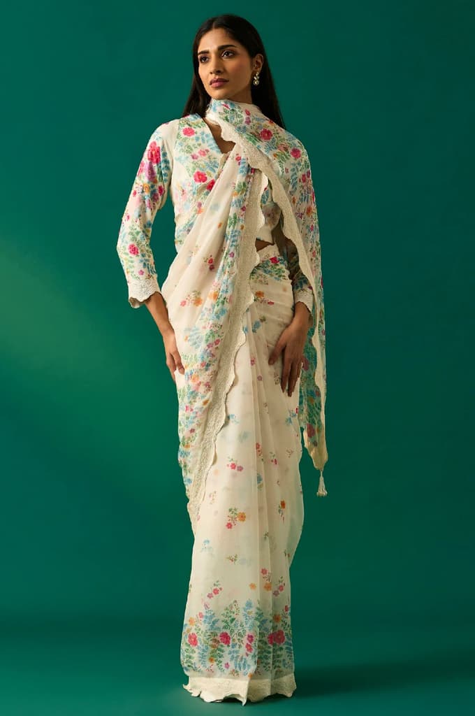 Off-White Floral Printed Embroidered Georgette Saree with Unstitched Blouse — FS