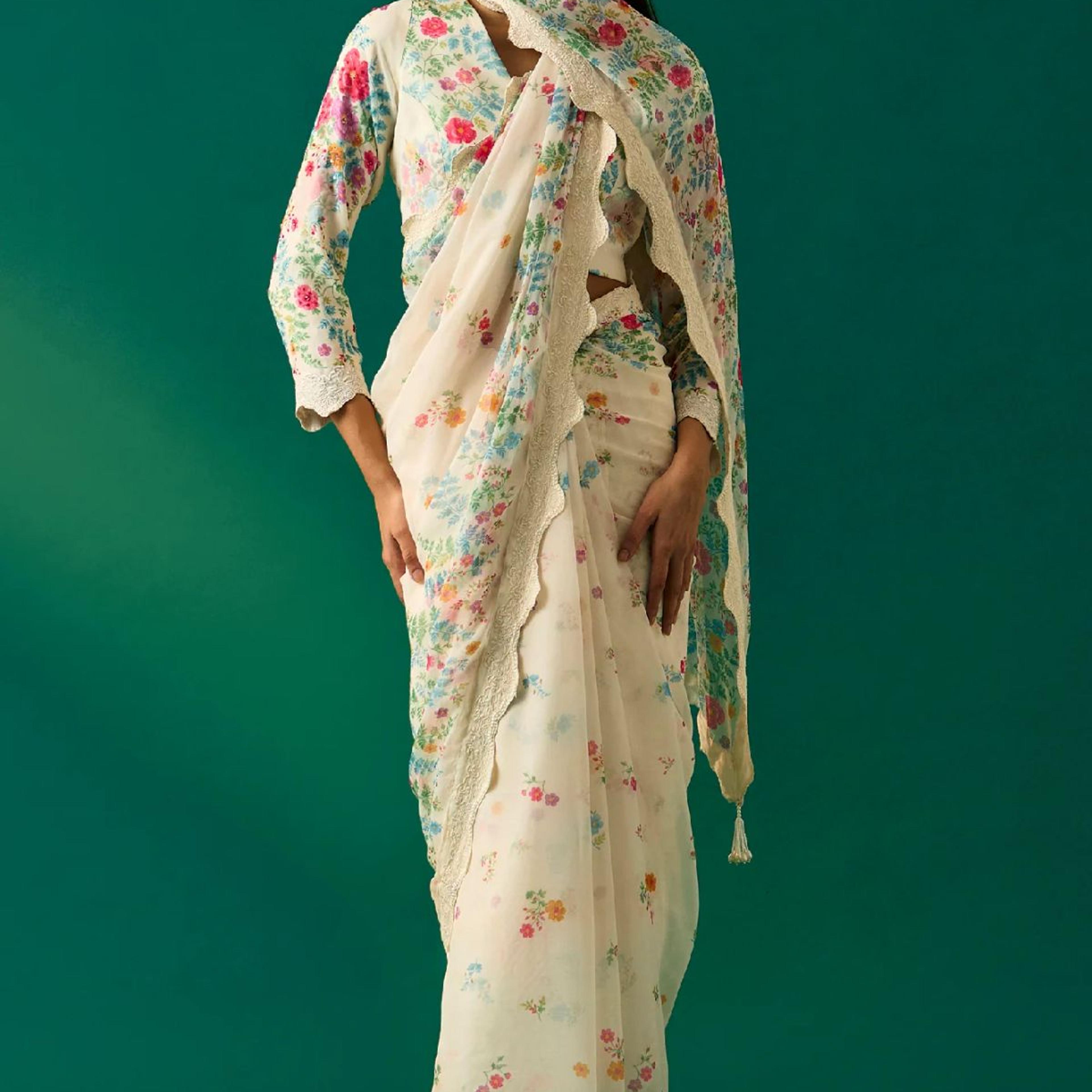 Off-White Floral Printed Embroidered Georgette Saree with Unstitched Blouse