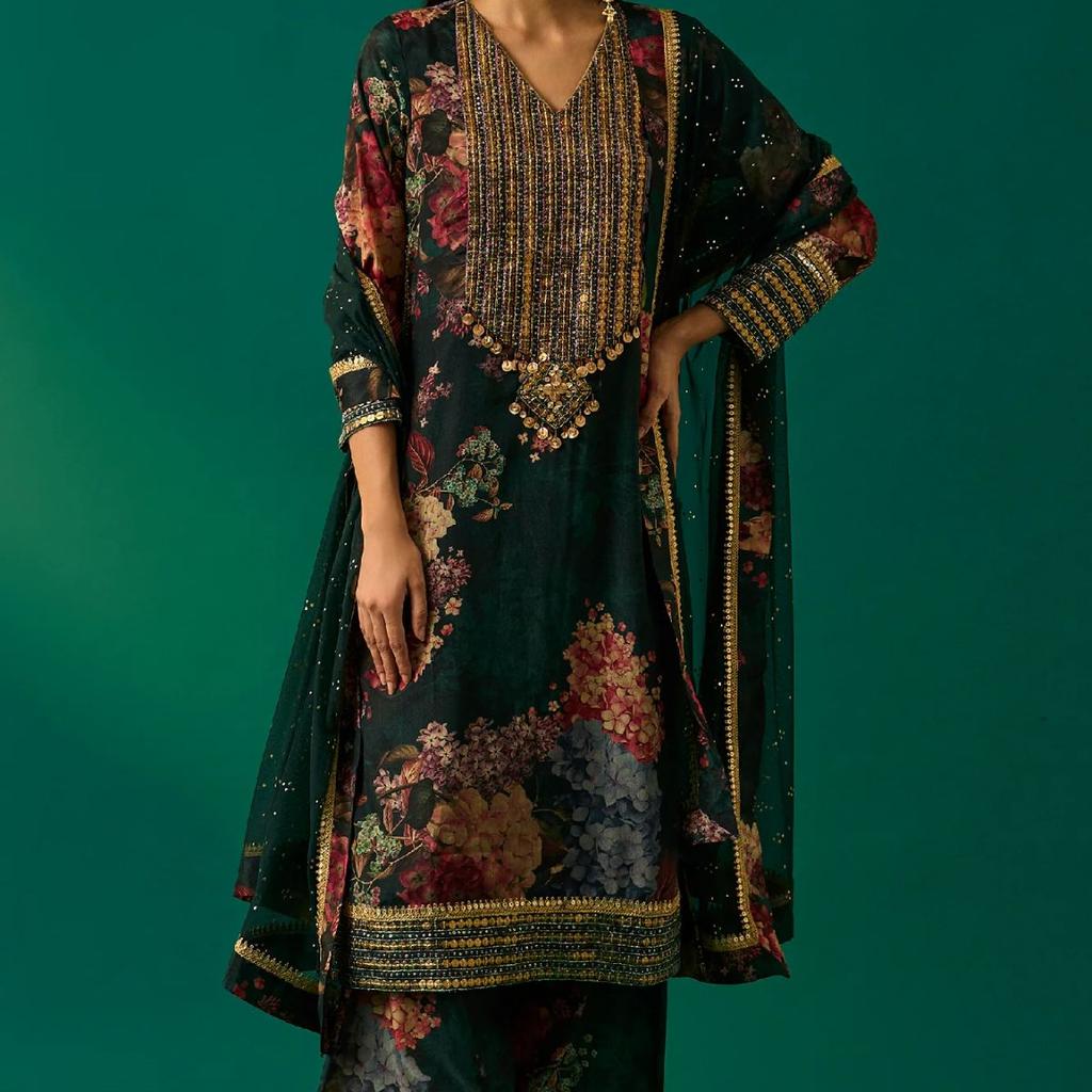 Green Floral Printed Embellished Straight Kurta with Salwar and Dupatta Set
