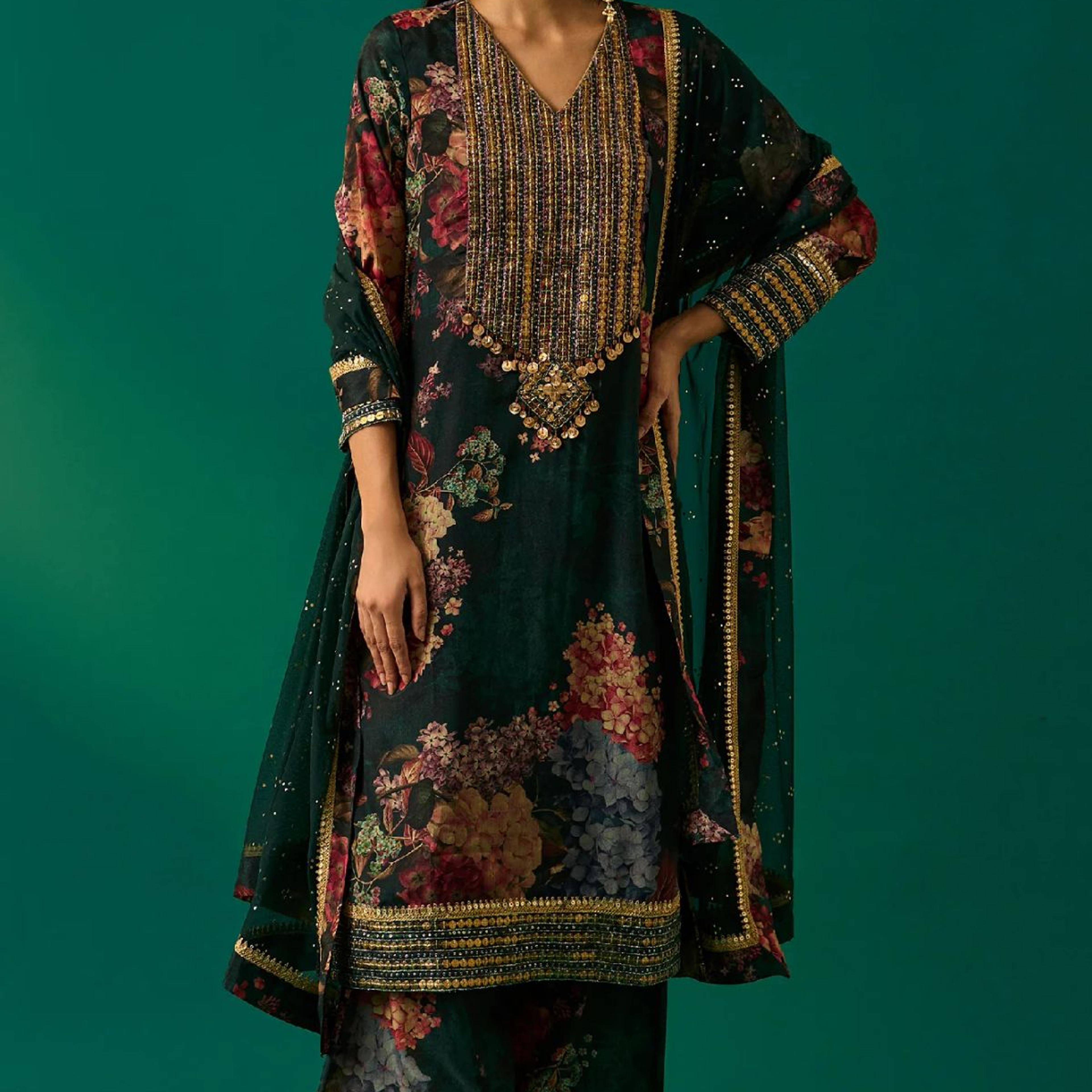 Green Floral Printed Embellished Straight Kurta with Salwar and Dupatta Set
