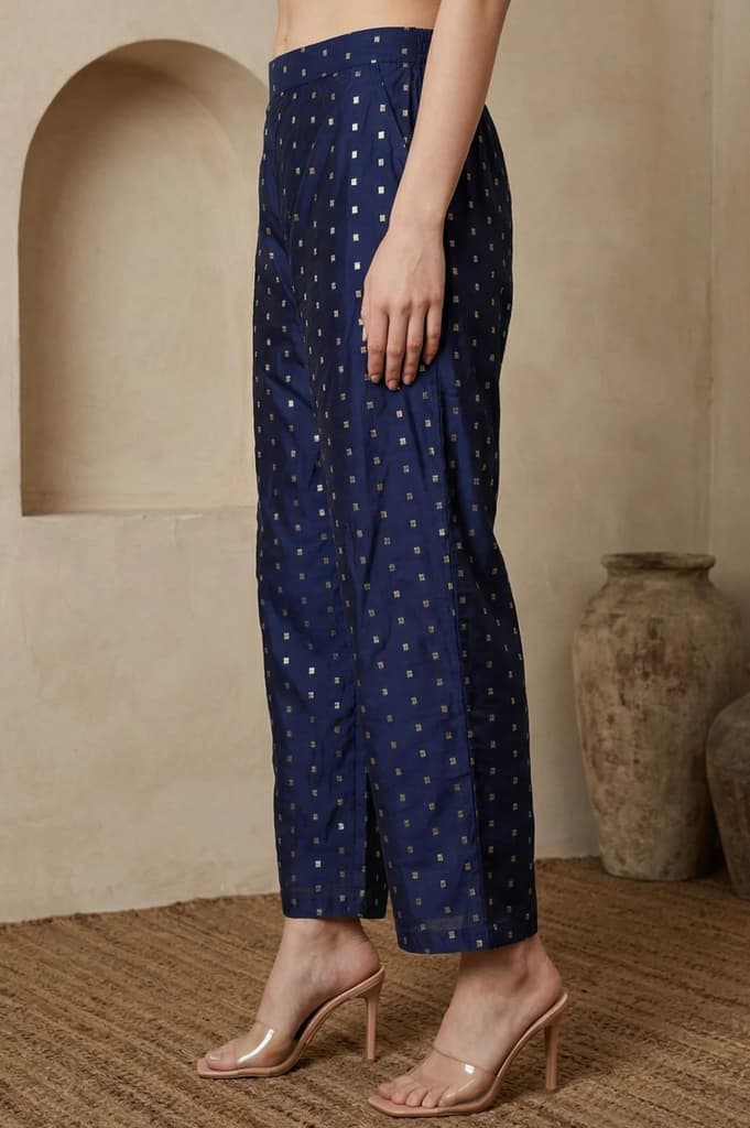 Navy Blue Chanderi Wide Leg Ankle Length Palazzo Pants — photo 2