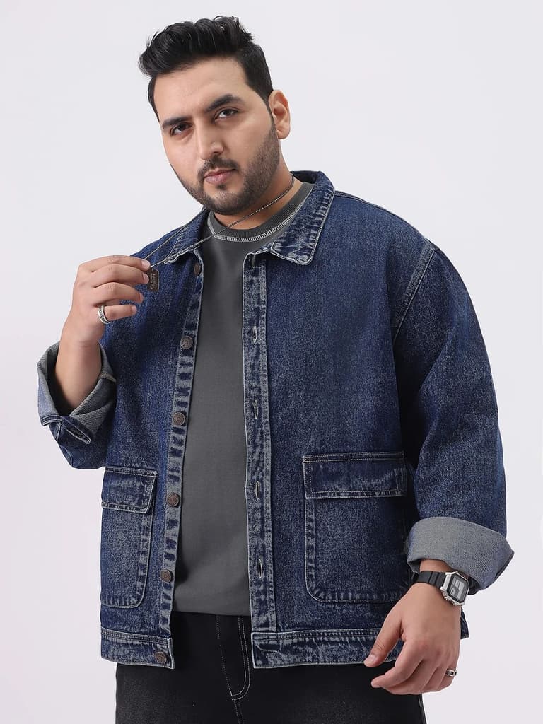 Plus Men's Blue Relaxed Fit Full Sleeve Utility Denim Jacket — photo 2