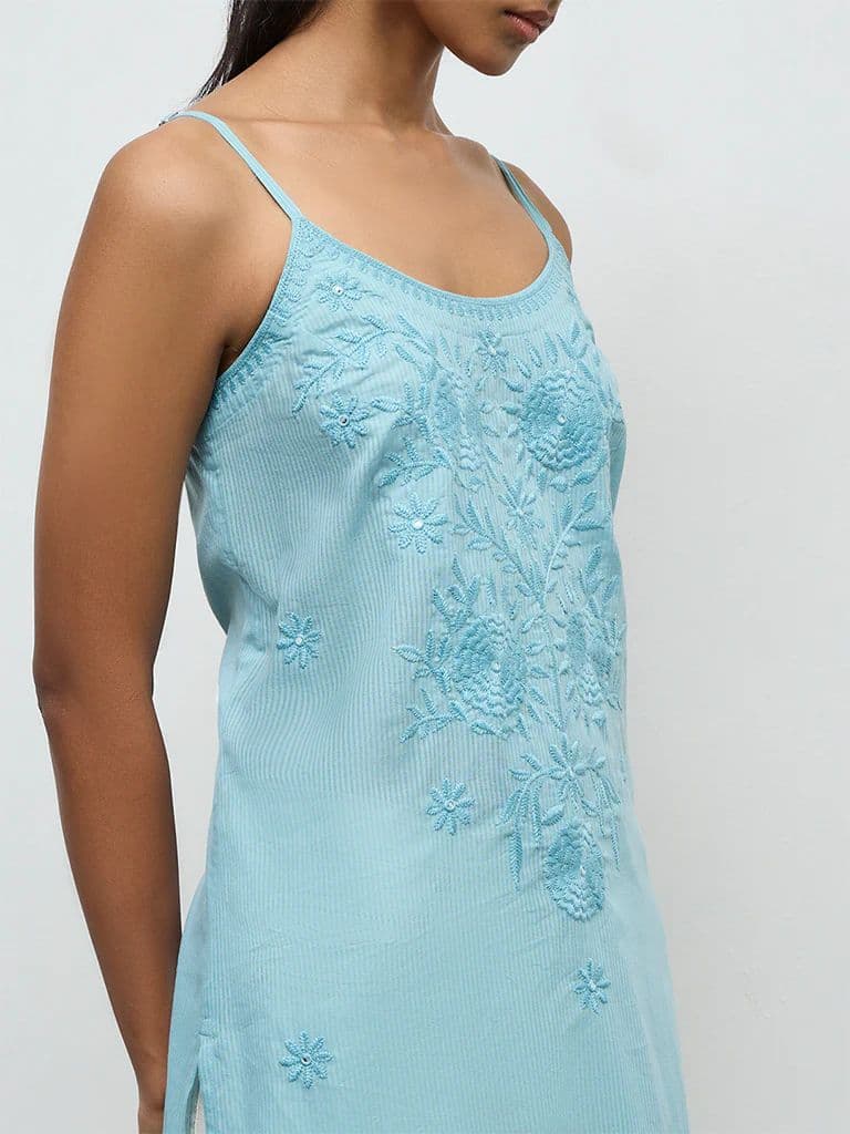 Utsa Turquoise Floral Embroidered A-Line Cotton Kurta — photo 3