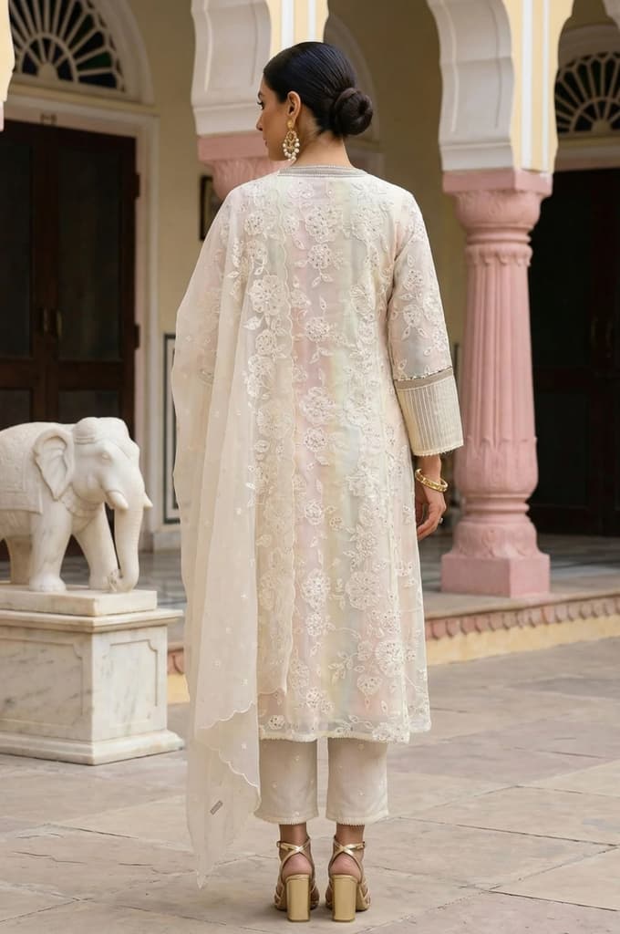 Powder Yellow Sequins Embroidered Straight Georgette Kurta with Straight Pants and Dupatta Set — photo 5