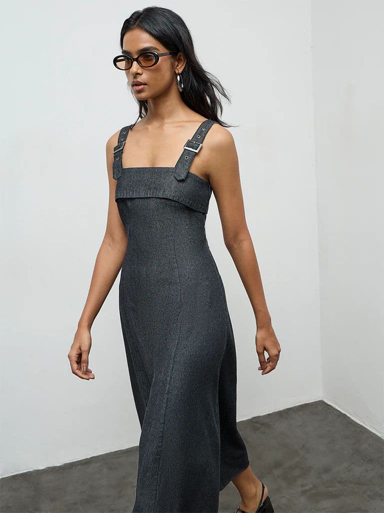 LOV Dark Grey Denim A-Line Dress