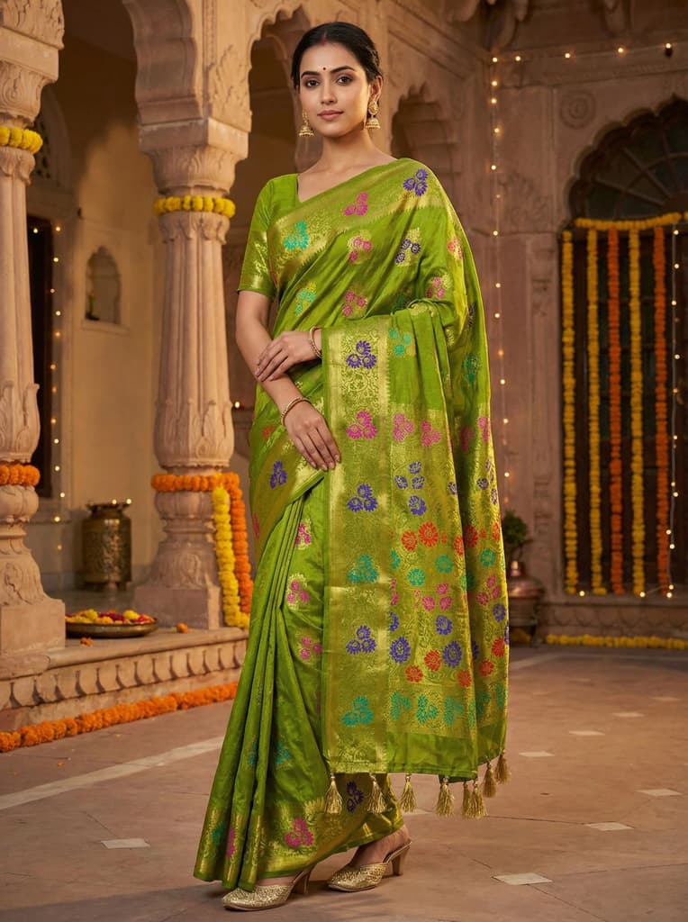 MIMOSA Women's Woven Design Paithani Style Art Silk Saree with Blouse Piece - Olive ( SA00003125OLFREE ) — Default Title