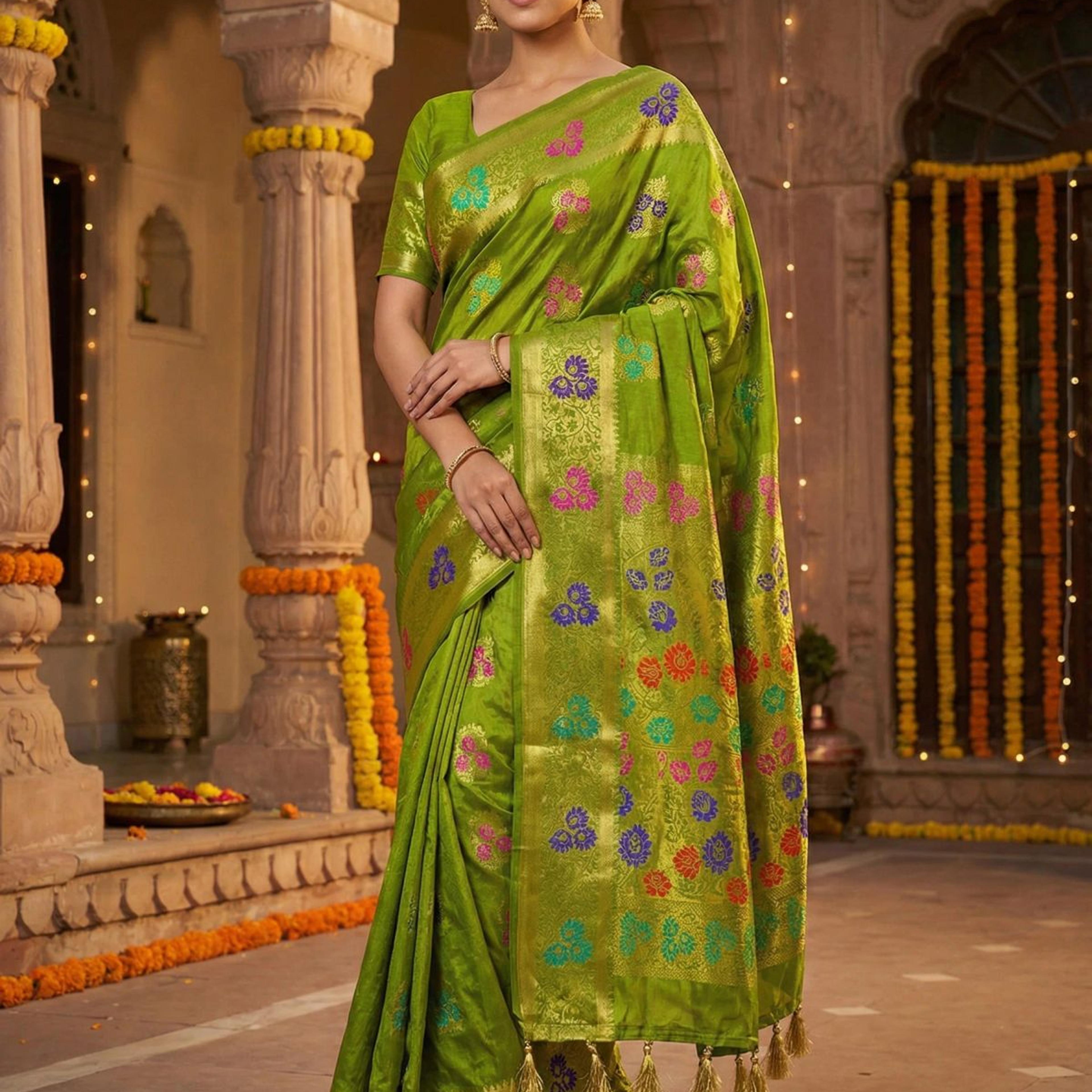 MIMOSA Women's Woven Design Paithani Style Art Silk Saree with Blouse Piece - Olive ( SA00003125OLFREE )
