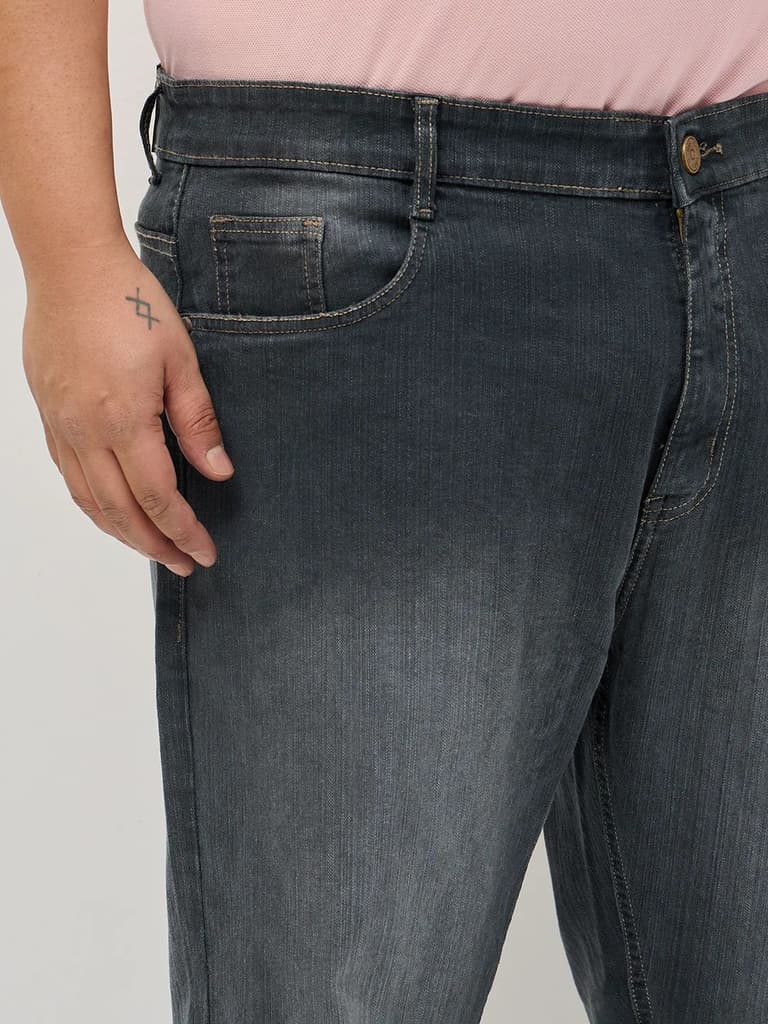 Plus Men's Dark Grey Straight Fit Washed Denim Jeans Stretchable — photo 5