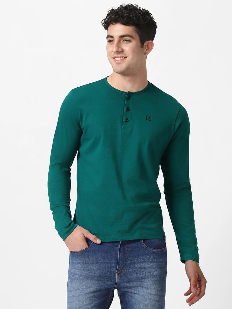 Men's Dark Green Solid Henley Neck Slim Fit Cotton T-Shirt — photo 2