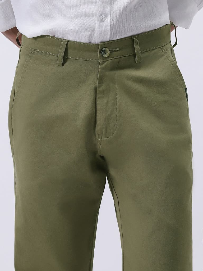 Men's Light Olive Cotton Regular Fit Casual Chinos Trousers Stretch — photo 5