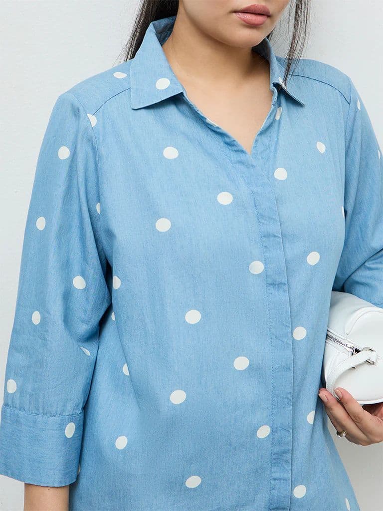 Gia Light Blue Polka-Dot Printed Cotton Shirt — photo 3