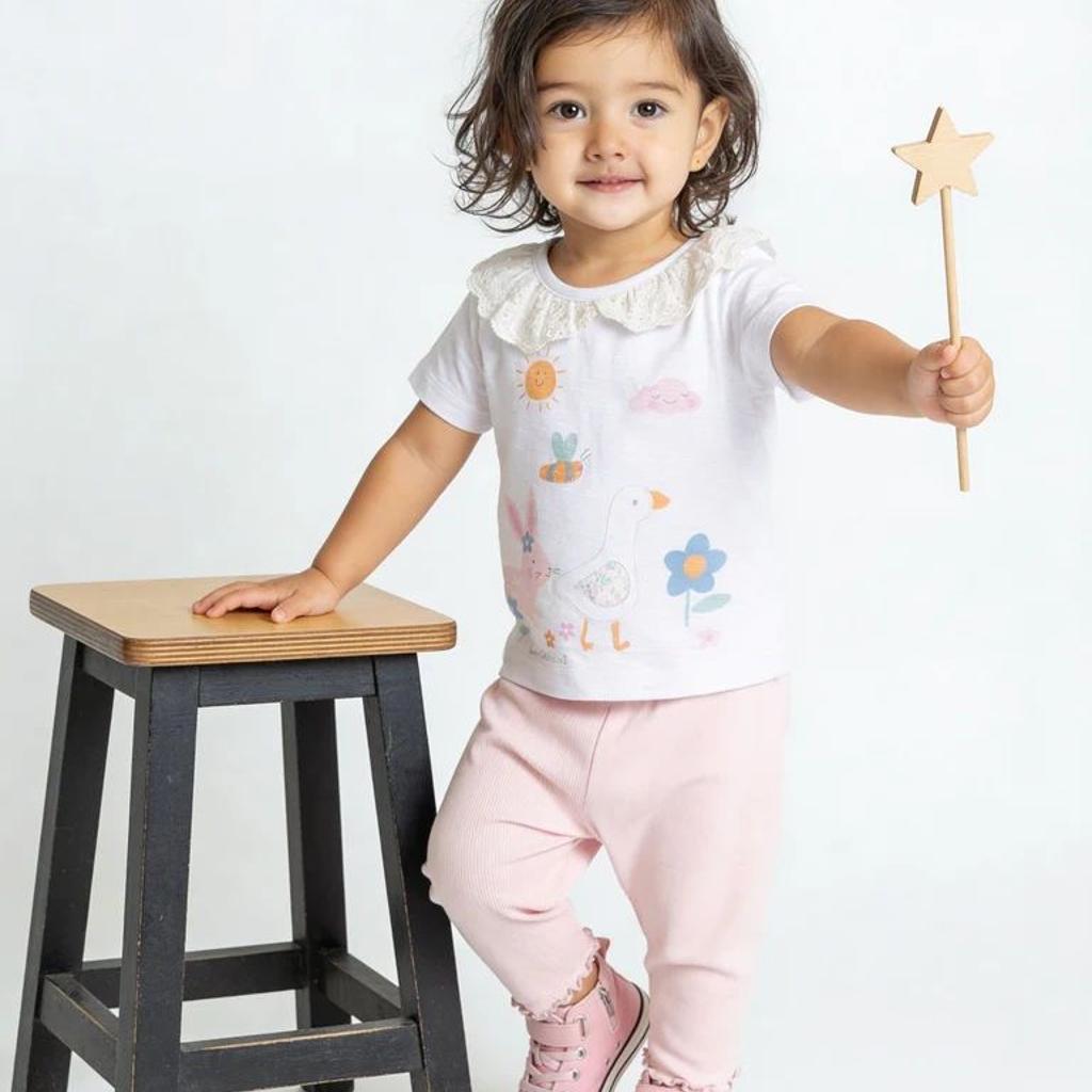 HOP Baby Girls White Printed Cotton Top and Pants Set
