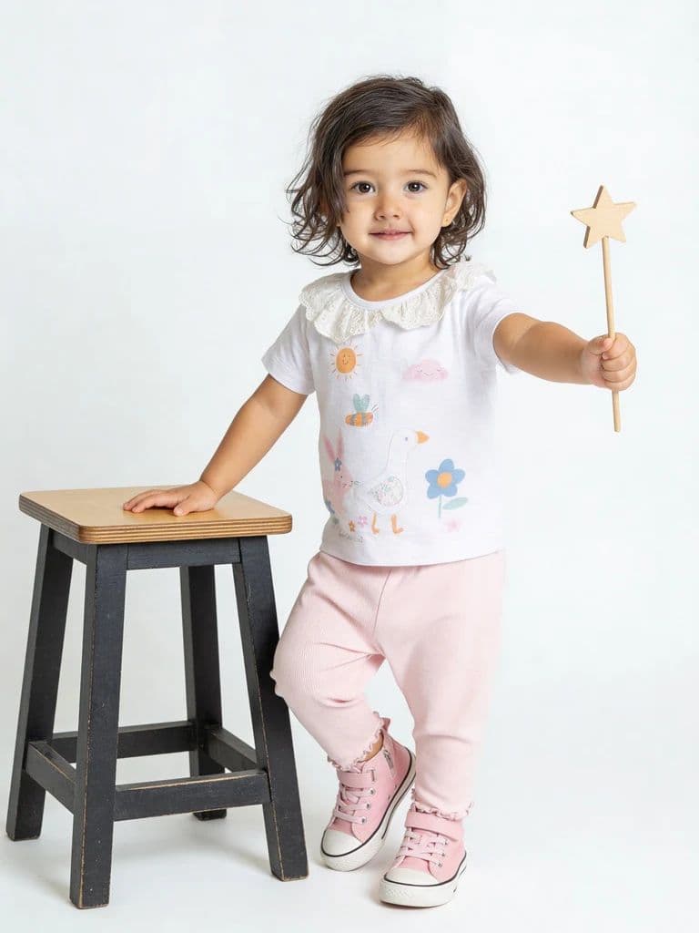 HOP Baby Girls White Printed Cotton Top and Pants Set