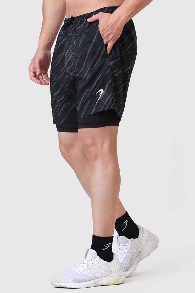 2 in 1 Printed Compression Shorts Black — S