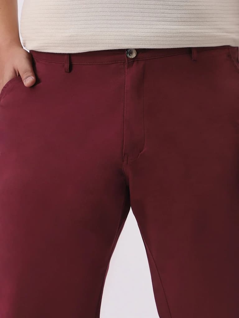Plus Men's Dark Maroon Cotton Regular Fit Casual Chinos Trousers Stretch — photo 6