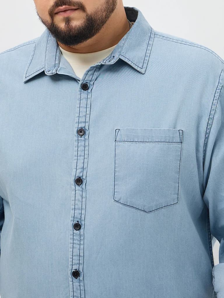 Plus Men's Ice Blue Regular Fit Full Sleeve Solid Denim Shirt — photo 5