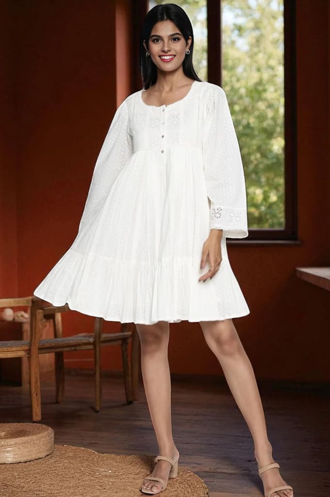 White Schiffli Embroidered Flared Cotton Dress — photo 2