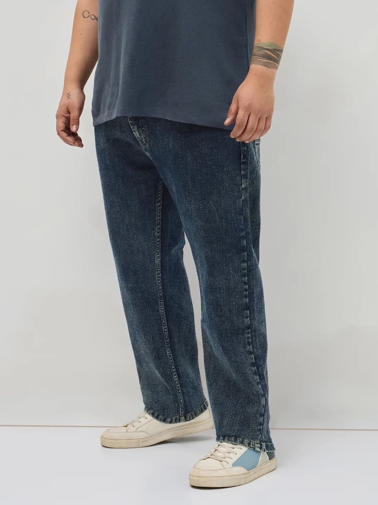Plus Men's Dark Blue Regular Fit Towel Washed Yellow Tint Denim Jeans Stretchable — photo 2