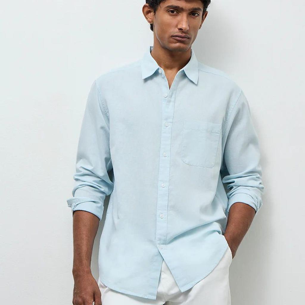 WES Casuals Light Teal Relaxed Fit Cotton-Blend Shirt
