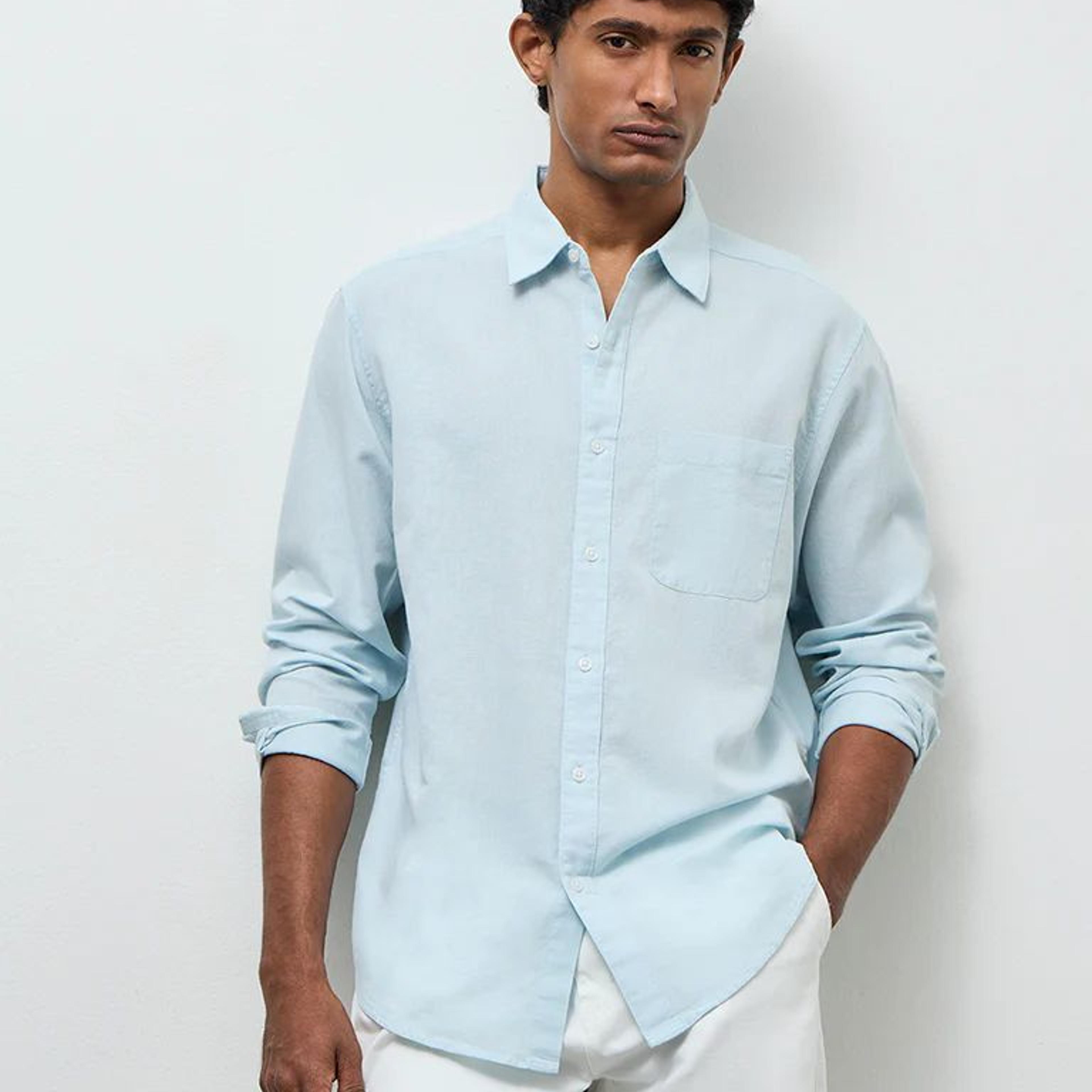 WES Casuals Light Teal Relaxed Fit Cotton-Blend Shirt