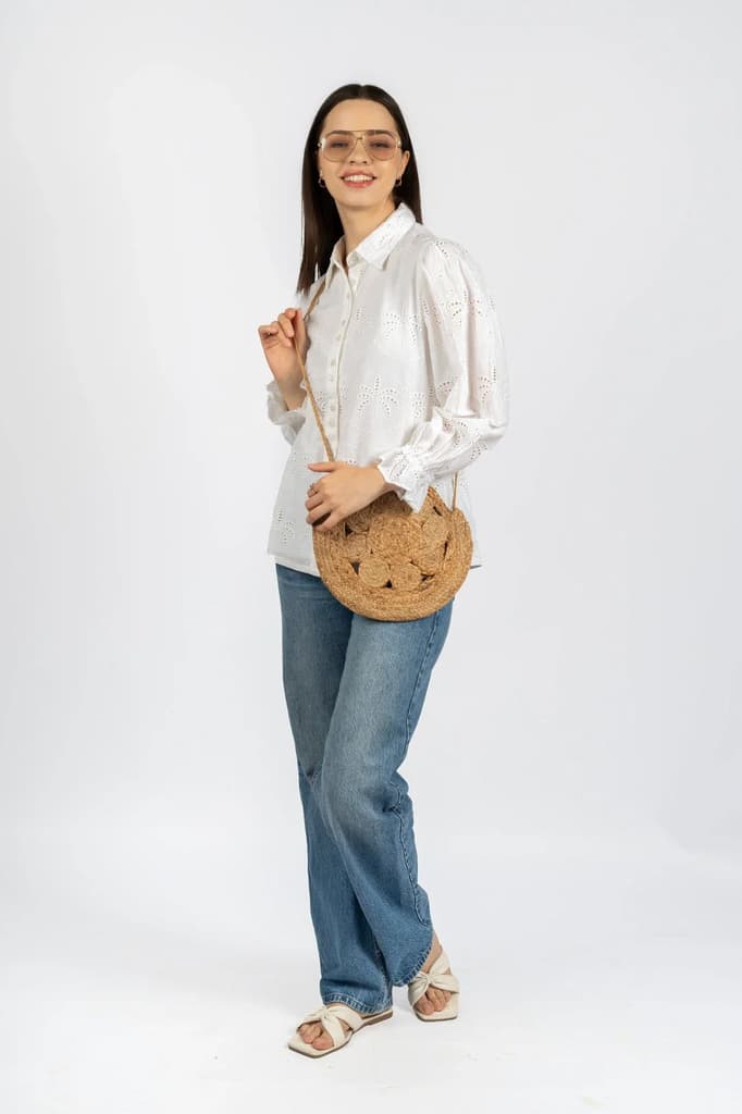 Cotton Schiffly Solid White Collared Top — photo 7