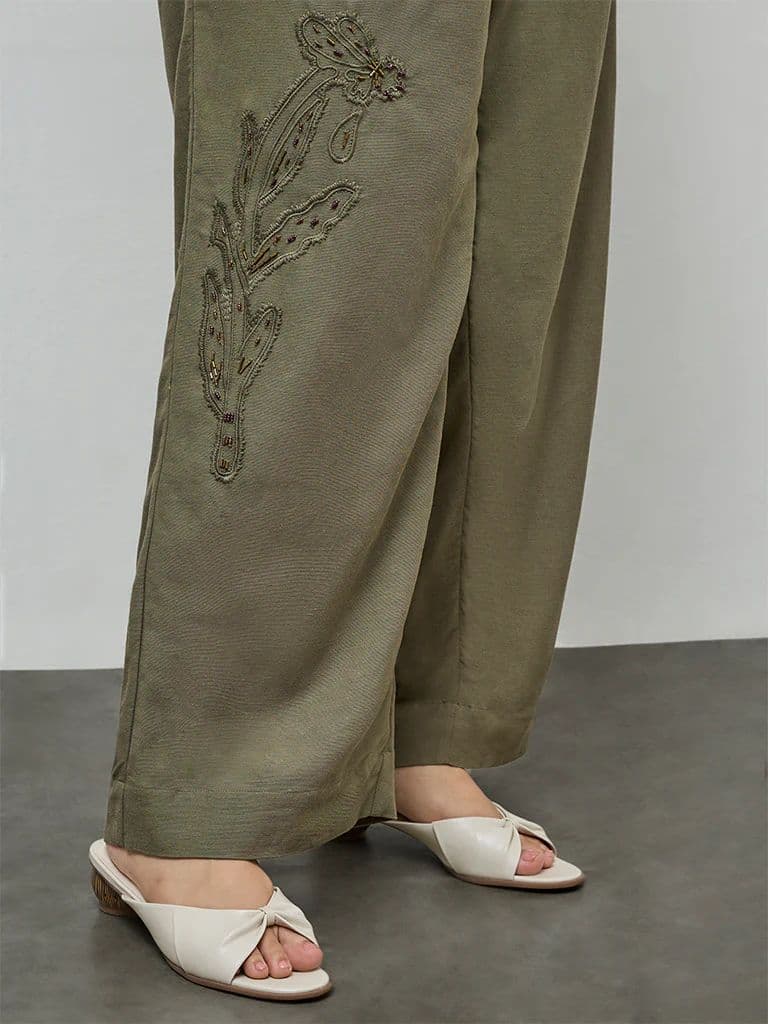 Gia Olive Floral Embroidered High-Rise Trousers — photo 3