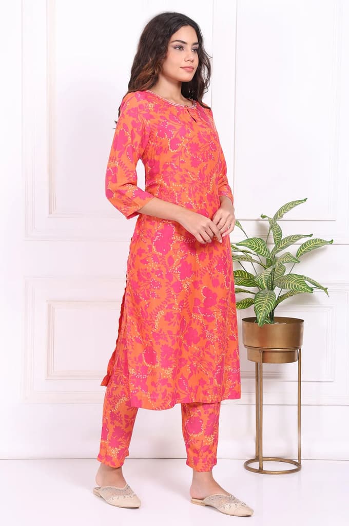 Orange Floral Printed Mirror work Modal Straight Kurta — photo 6