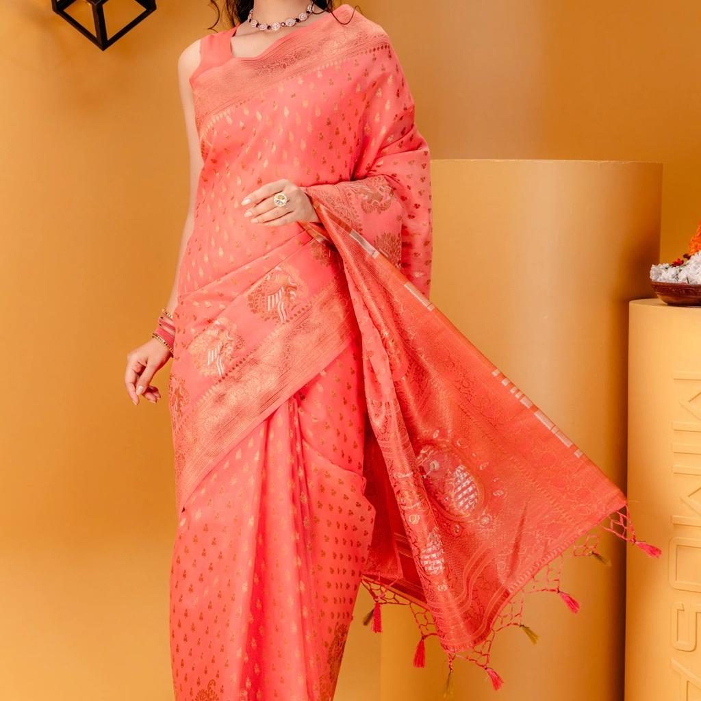Mimosa Women's Woven Design Banarasi Style Art Silk Saree With Blouse Piece : SA00001809GJFREE