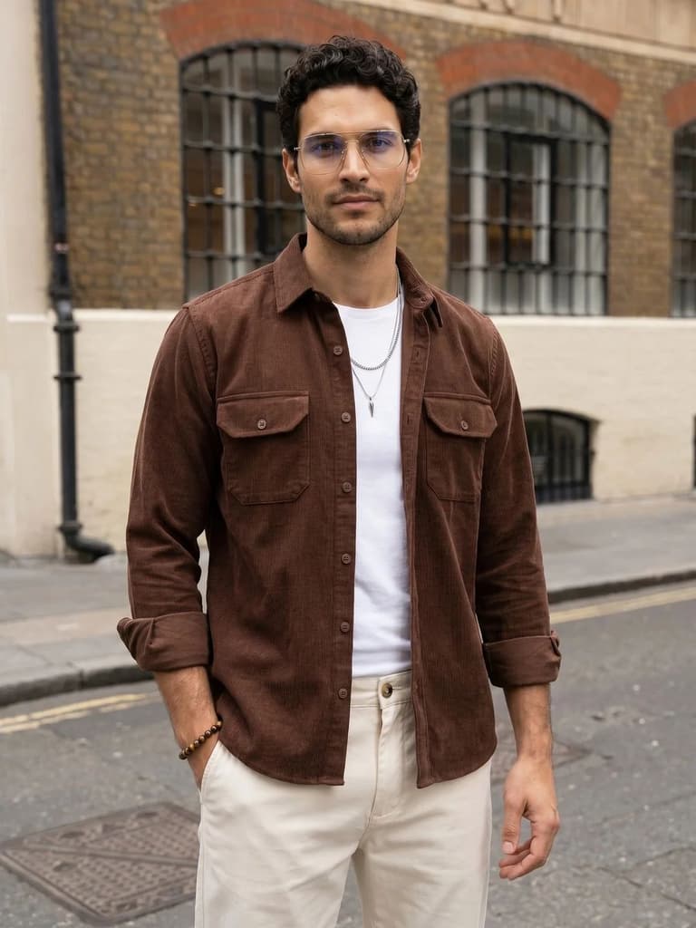 Men's Brown Corduroy Full Sleeve Regular Fit Solid Overshirt with Utility Pockets — S / Brown