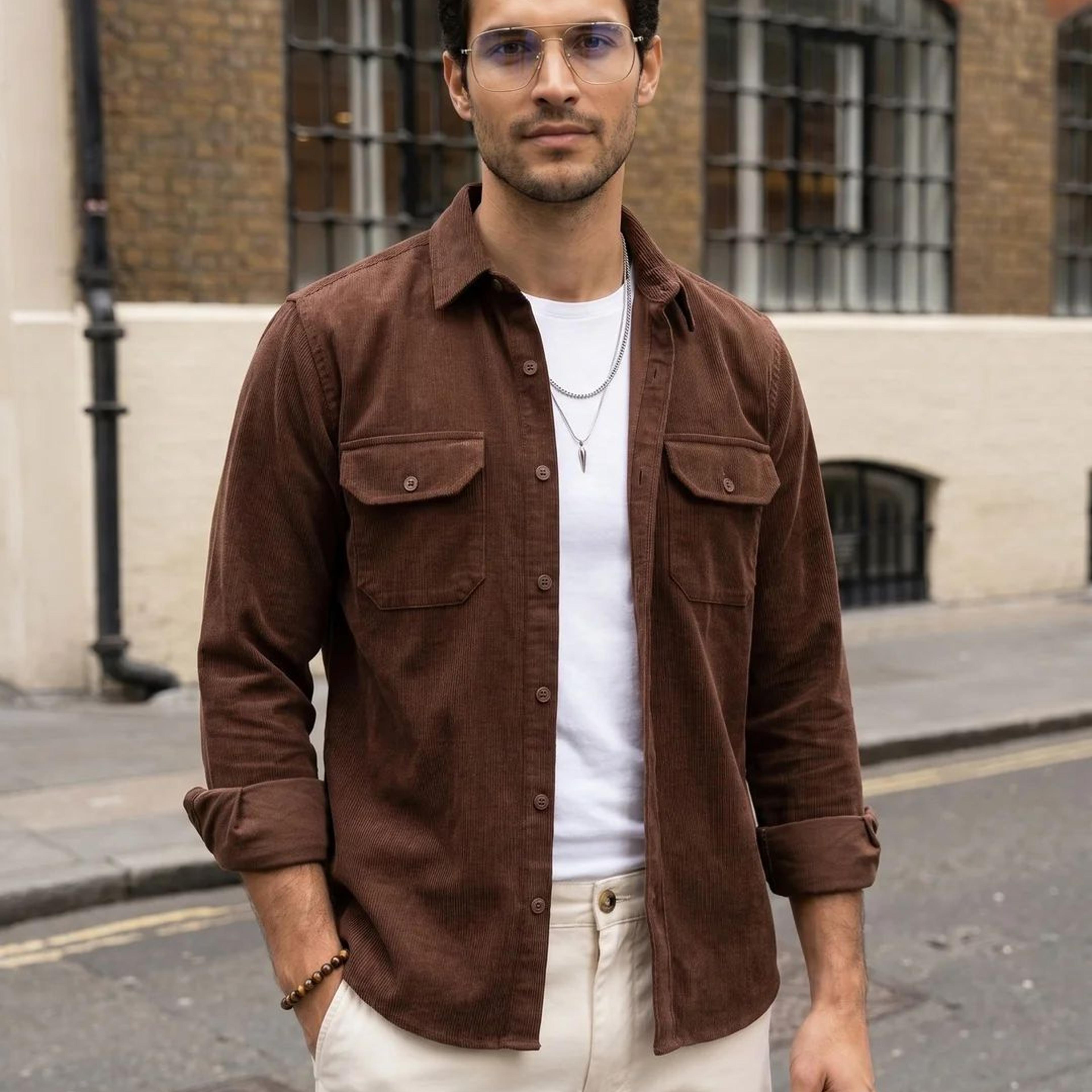 Men's Brown Corduroy Full Sleeve Regular Fit Solid Overshirt with Utility Pockets