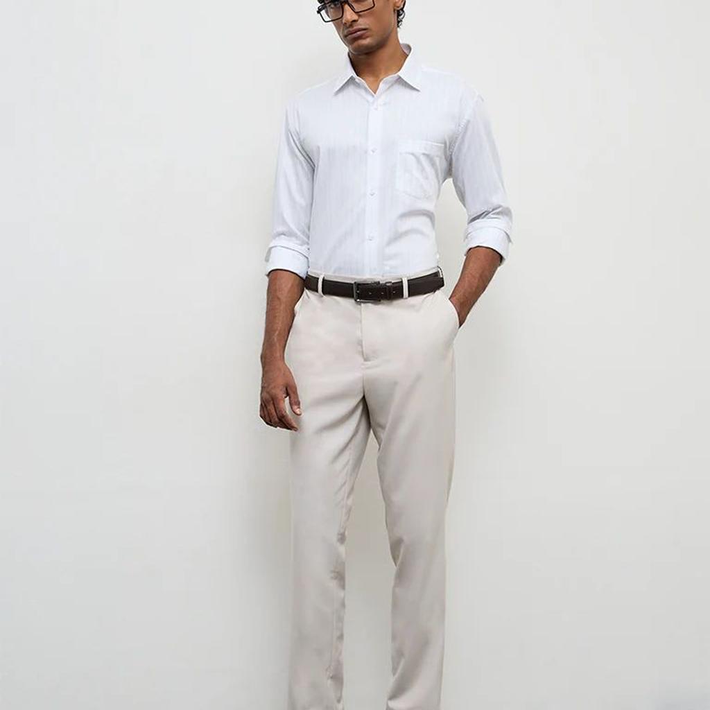 WES Formals Green Striped Relaxed-Fit Cotton Shirt
