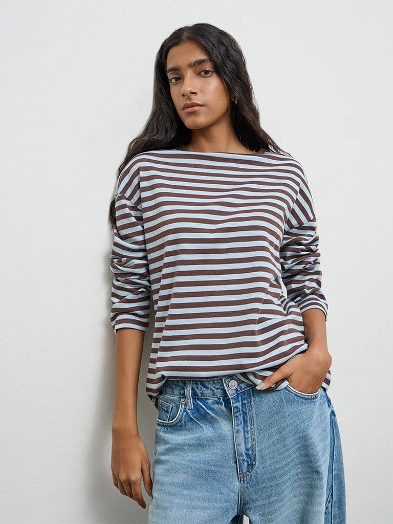 Nuon Blue Stripe Pattern Cotton T-Shirt — photo 2