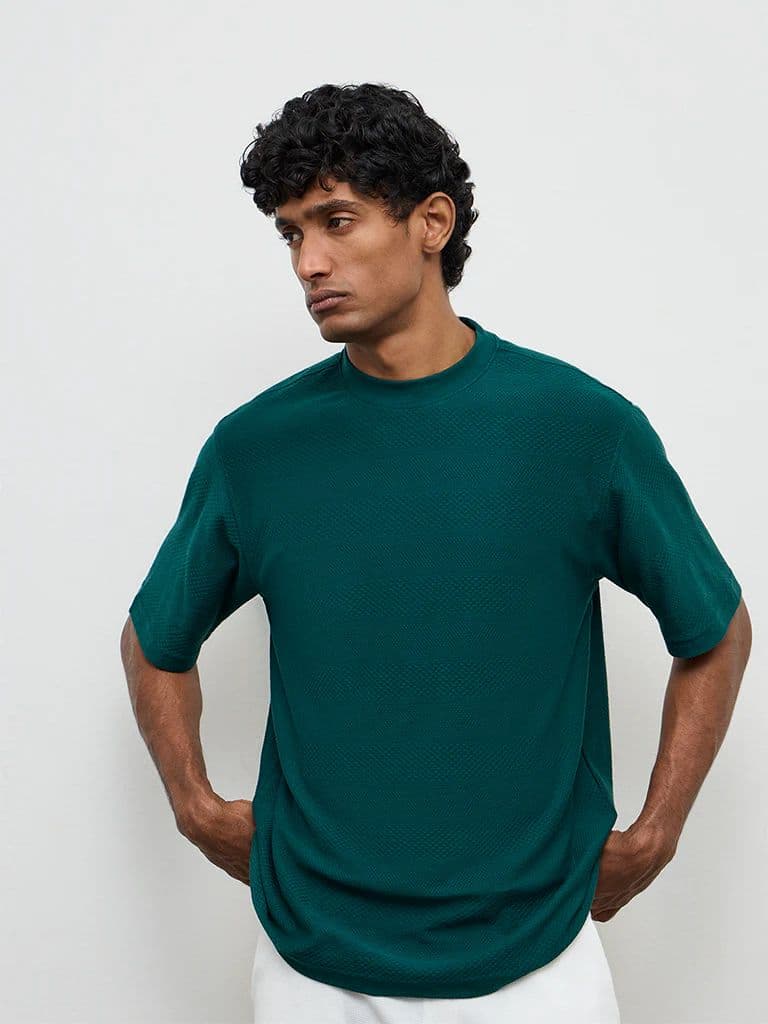 WES Lounge Teal Textured Relaxed-Fit Cotton T-Shirt