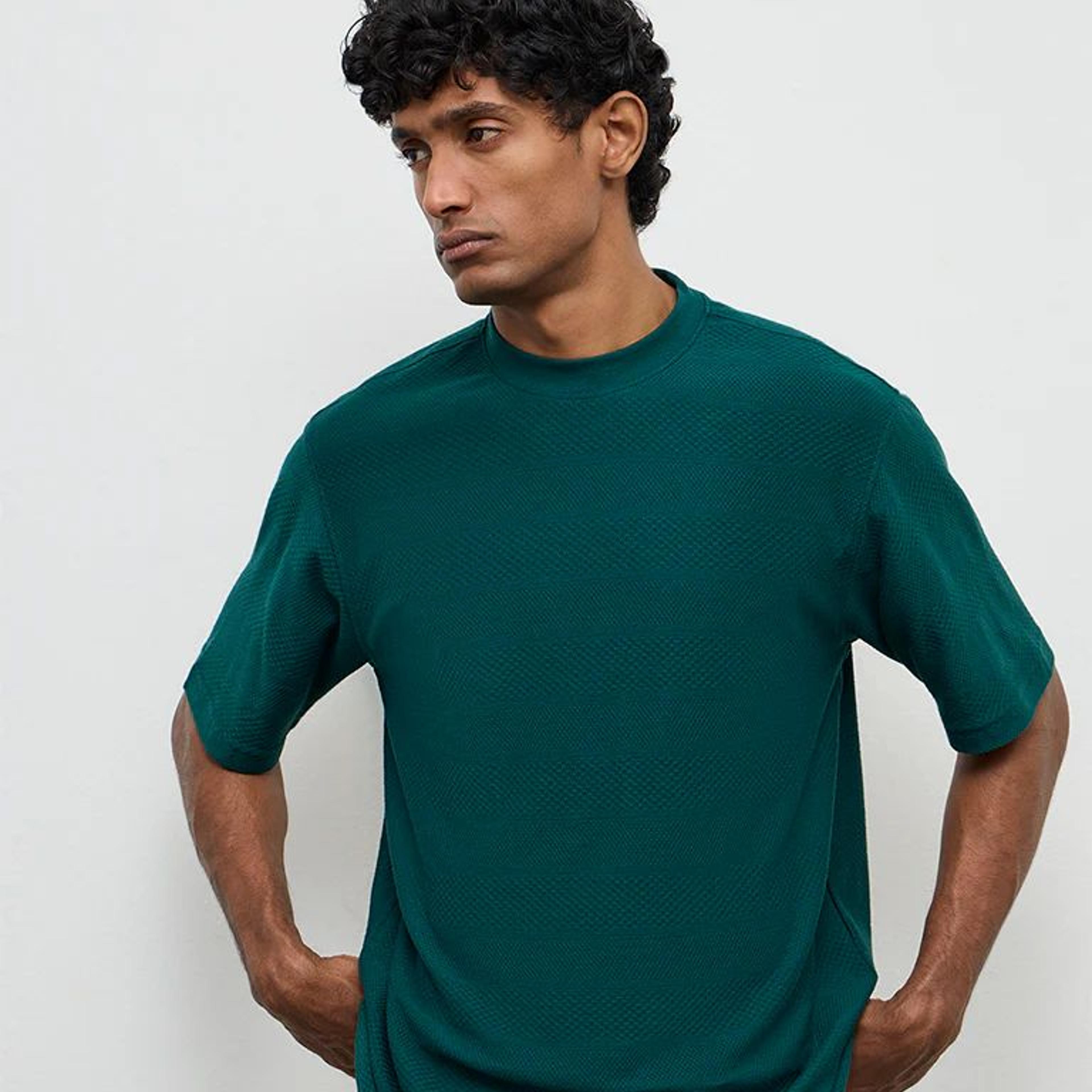 WES Lounge Teal Textured Relaxed-Fit Cotton T-Shirt