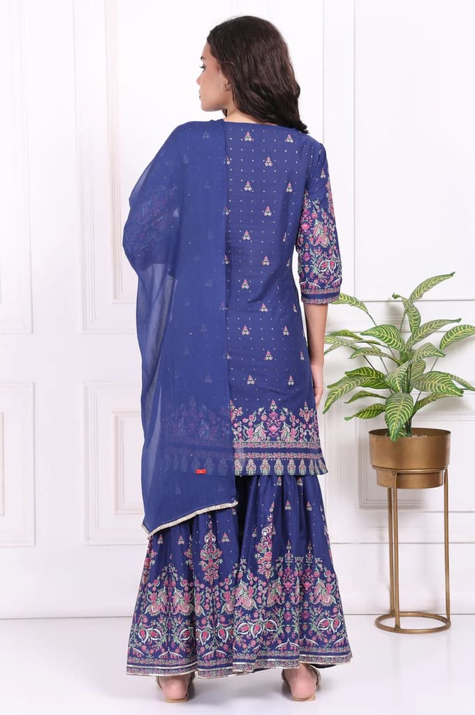 Blue Floral Printed Embroidered Straight Cotton Kurta with Sharara and Dupatta Set — photo 5