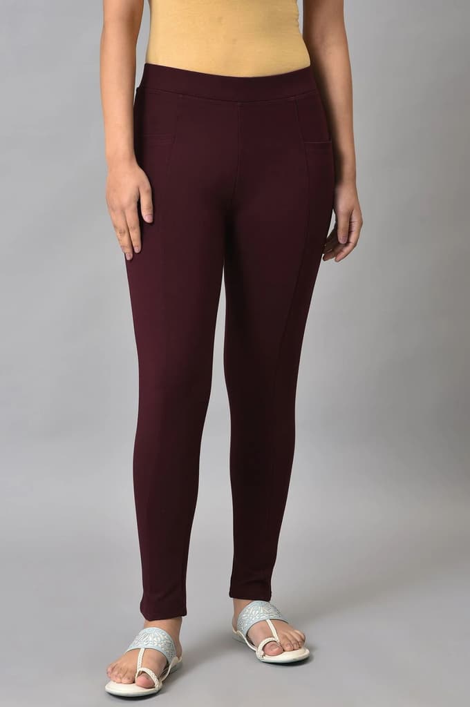 Maroon Solid Skinny Fit Yoga Tights With Elasticated Waistband