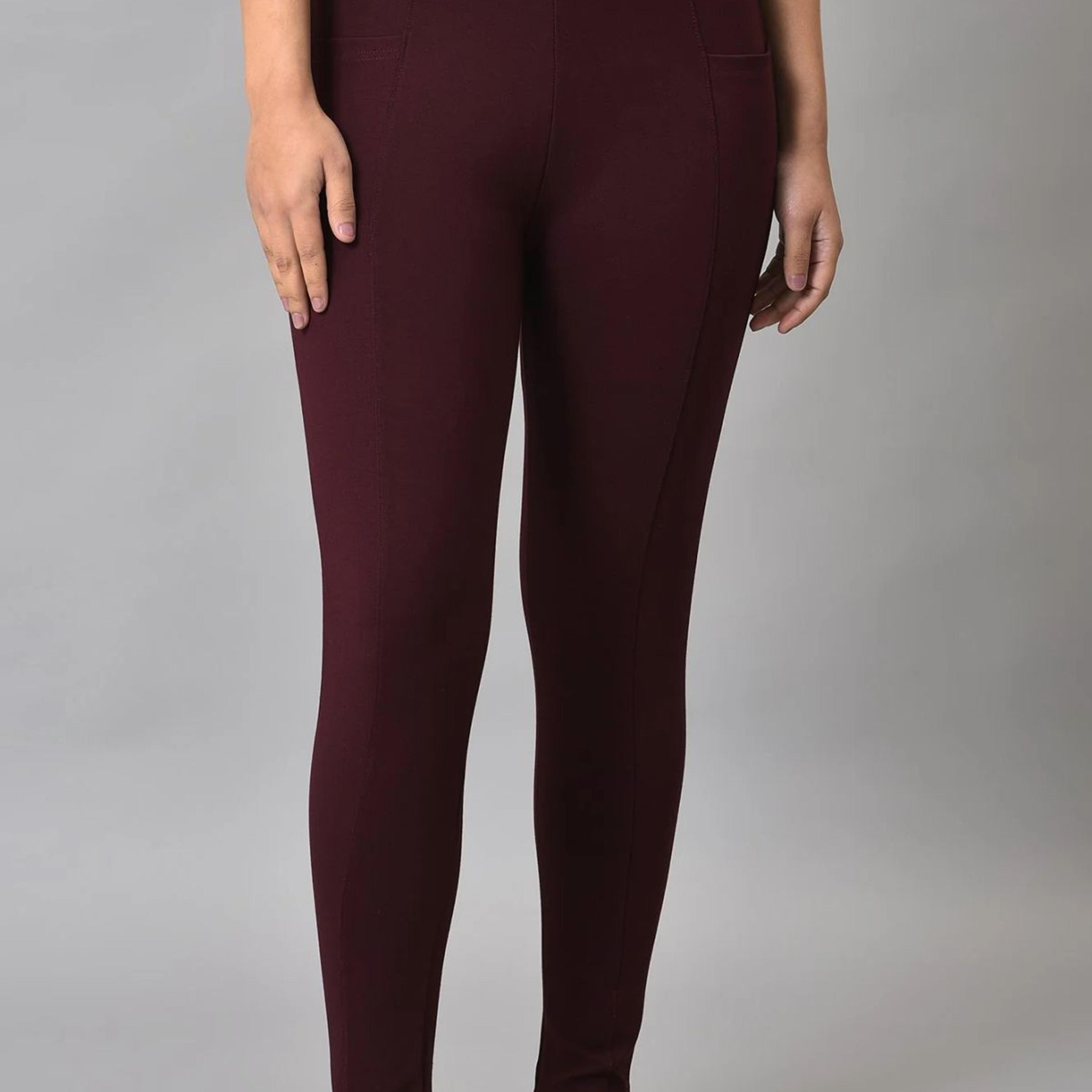 Maroon Solid Skinny Fit Yoga Tights With Elasticated Waistband