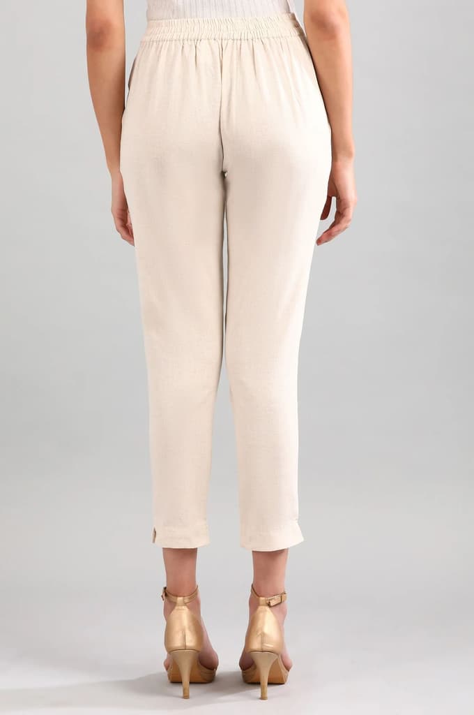 Beige Solid Straight Fit Cotton Trousers With Elasticated Back — photo 2