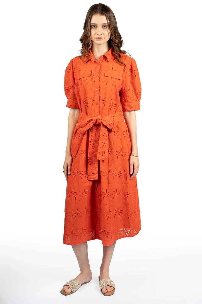 Red Solid Cotton Schiffli Puff Sleeve Midi Dress — photo 5