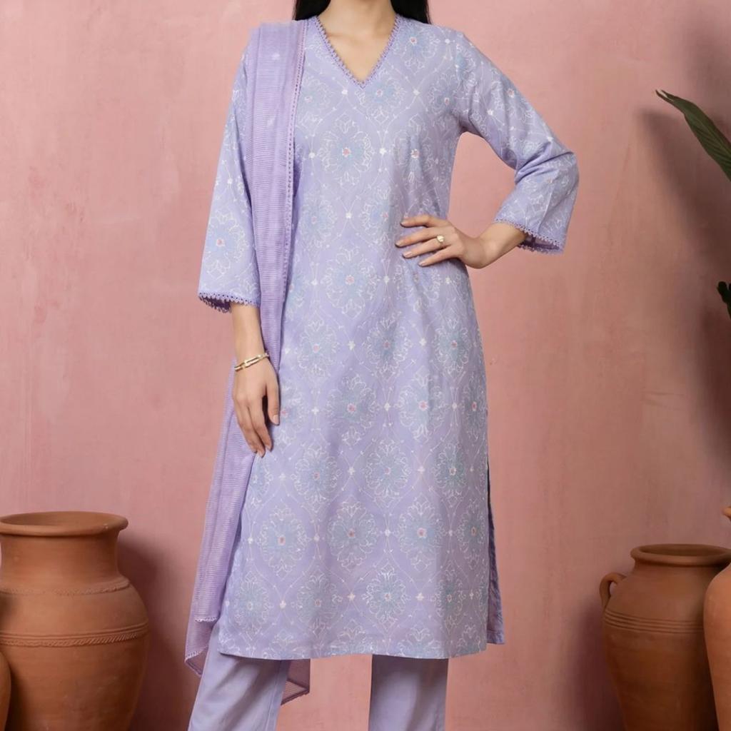 Lavender Thread Embroidered Pure Cotton Straight Kurta with Straight Pants and Dupatta Set