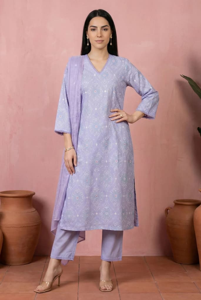 Lavender Thread Embroidered Pure Cotton Straight Kurta with Straight Pants and Dupatta Set — XS