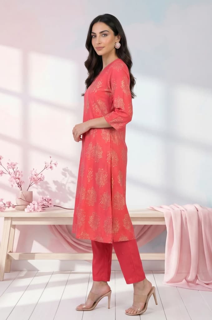Red Foil Floral Printed Pure Cotton Flared Kurta — photo 4