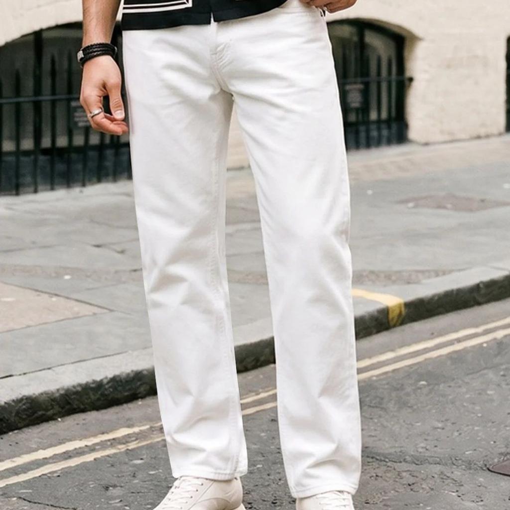 Men's White Relaxed Fit Washed Denim Jeans Non-Stretchable