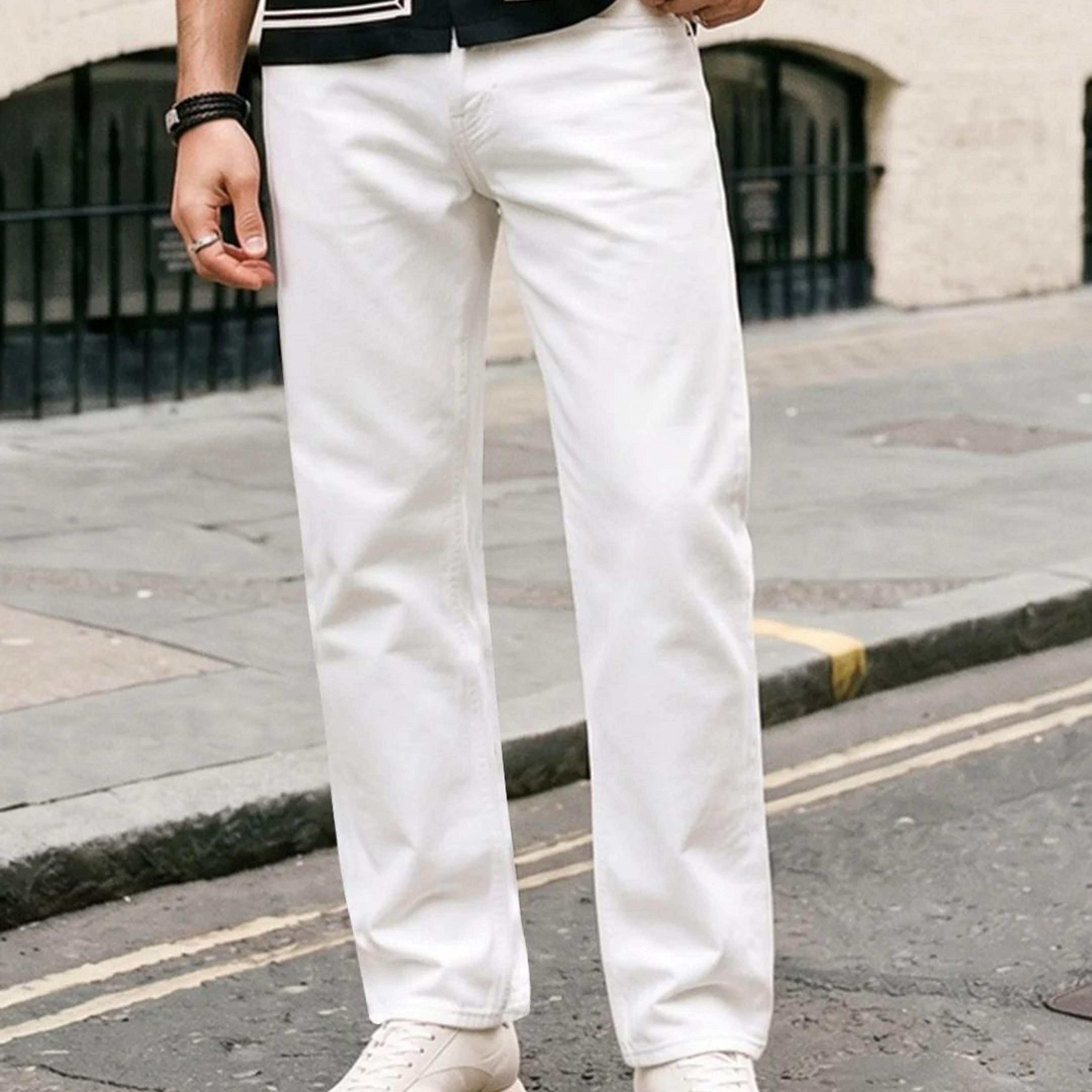 Men's White Relaxed Fit Washed Denim Jeans Non-Stretchable