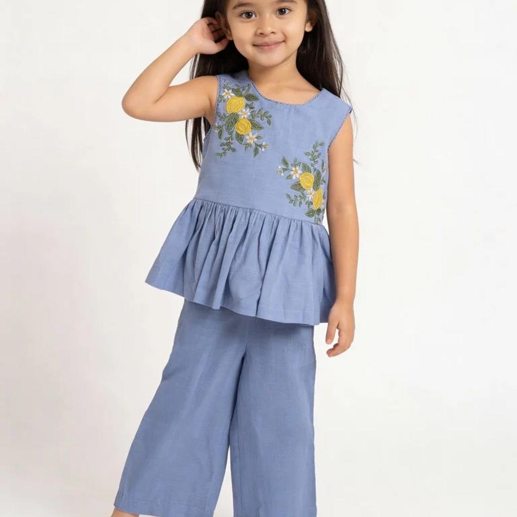 Utsa Kids Girls Blue Embroidered Cotton Peplum Top - (2-8 yrs)