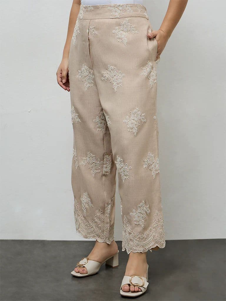 Diza Beige Floral Embroidered Pants — photo 2
